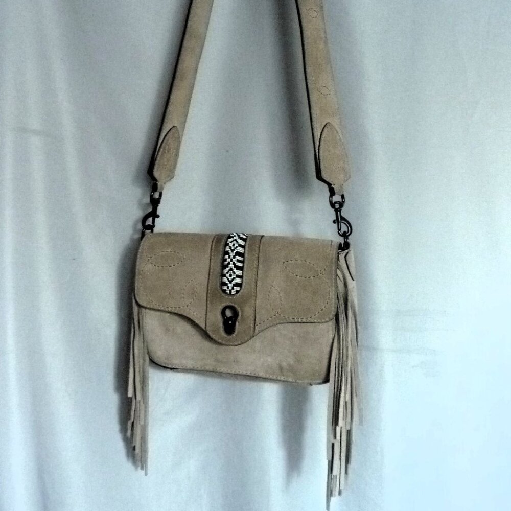 Rebecca Minkoff  suede wide strap fringe embroidered beaded crossbody bag